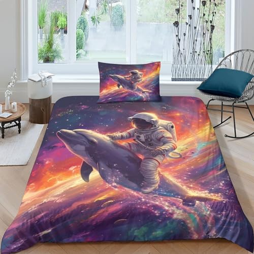 Bettwäsche-Set mit Astronauten-Delfin, für Kinder und Erwachsene, Design, Dekoration, Bettdeckenbezug für Jungen, Mädchen, Teenager, Jugendliche, dekorativer Bettbezug, Einzelbett (135 x 200 cm)