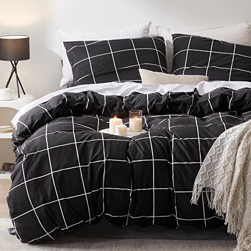 Sonive Bettwäsche-Set 155x220cm/80x80cmx2 Mikrofaser Oeko-Tex Standard 100, Kariert-Schwarz, 1 Bettbezug und 2 Kopfkissenbezüge
