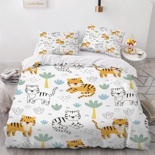 Bettwäsche 155x220 Tiger Weich Mikrofaser Niedliche Cartoons Bettwäsche-Sets 3D Bettbezug 3 Teilig Bettbezüge mit Reißverschluss und 2 Kissenbezüge 80x80 A-709