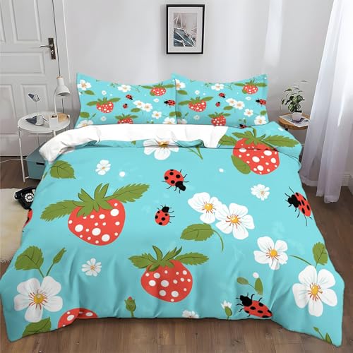 Bettwäsche 135x200cm Insekt Erdbeere Blumen Türkis Polyester Baumwolle Bettbezug 3 Teilig, Atmungsaktiv Hautfreundlich Bettwäsche Set mit Reißverschluss and 2 Kissenbezüge