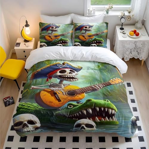 Bettwäsche-Set mit Cartoon-Piraten-Skelett und Alligator-Gitarristen, 3D-Bettwäsche-Set für Kinder, Jungen, Mädchen, Schlafzimmer, Dekoration (Stil 4, Einzelbett 135 x 200 cm + 65 x 65 cm x 2)