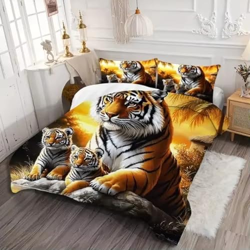 NDXRWDZR Bettwäsche 135x200 Tiger Bettwäsche-Set mit Reißverschluss Schließung für Kinder Weicher Atmungsaktive Mikrofaser Bettbezug + 2 Kopfkissenbezug 80x80 cm