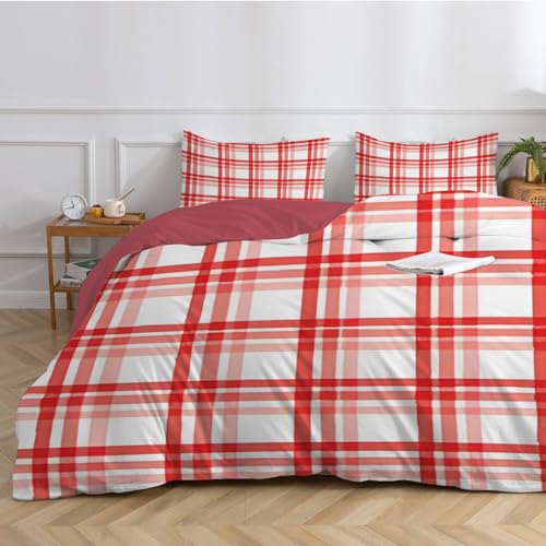 dyausi Bettwäsche 200x220 Kariert Karo Bettwäsche Set mit Reißverschluss Bettdeckenbezug Weiche Microfaser 1 Bettbezug 200x220 und 2 Kissenbezug 80x80cm - Rot-Weiss