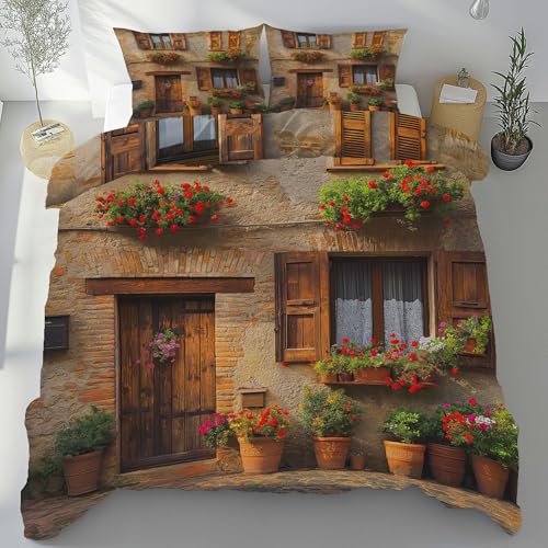 Tyafsgvqo Blumen Topfpflanze Bettwäsche 3 Teilig, Mediterrane Landhausstil Bettbezug 135x200 cm, Rustikale Dorf Landschaft Bettwäsche Set Weich Atmungsaktiv, Wendebettwäsche mit 2 Kissenbezug 80x80 Tyafsgvqo Blumen Topfpflanze Bettwäsche 3 Teilig, Mediterrane Landhausstil Bettbezug 135x200 cm, Rustikale Dorf Landschaft Bettwäsche Set Weich Atmungsaktiv, Wendebettwäsche mit 2 Kissenbezug 80x80