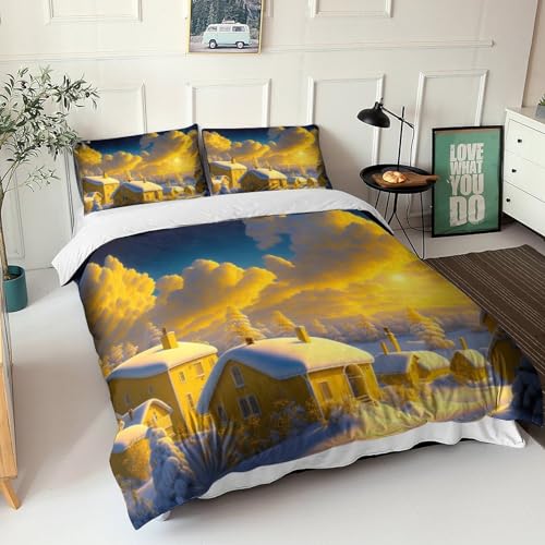 REIPOL Twilight Cottage 3D Druck Bettwäsche Bettbezug Set Und Kissenbezug, Bettbezüge Set Für Jungen Und Mädchen Dreiteiliger Cartoon Bettwäsche,Mikrofaser Tröster Set 3 Teilig Sets Double?200x200cm?