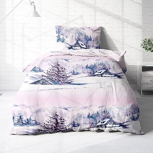 Träumschön Biber Bettwäsche Set 2tlg 155x220 cm + 80x80 cm – Flauschige Weihnachtsbettwäsche Rosa – Weiche Winterbettwäsche Winterlandschaft - Atmungsaktiv, Warm & Hautfreundlich - 100% Baumwolle