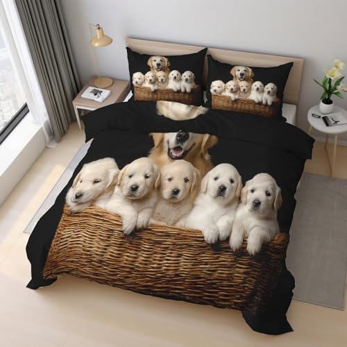 Generisch Golden Retriever Bettwäsche 135x200cm, Niedlich Hund Tier Bettwäsche-Sets 2 Teilig, Bettbezug + 1 Kissenbezüge 80x80cm Weich Mikrofaser mit Reißverschluss 21D&-17