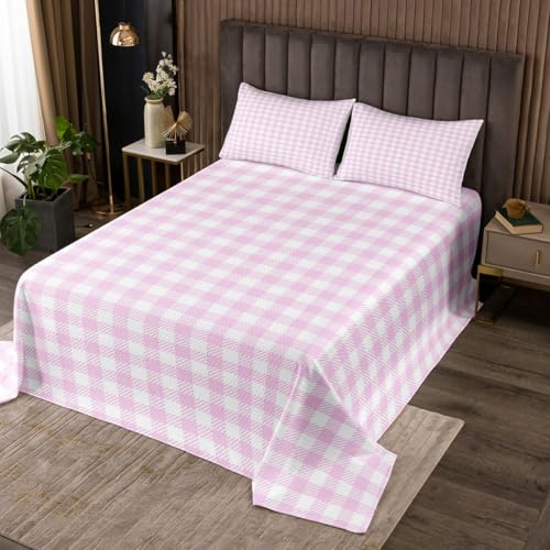 Rosa Gitter Bettdecke M Größe,Pink Checkered Einfach Bettwäsche Sets für Kinder Frauen Männer Zimmer Dekor,Pink Checkered Einfach Deckbett mit 2 Kissenbezug