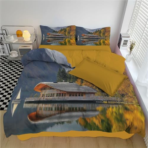 Bettwäsche 135*200cm Kurkuma Herbstliche Kiefern Bettbezug Set 3 Teilig natürliche Landschaft See Reflexion Blümchen Blumenmuster Weich Bettwäsche-Sets mit 2 Kissenbezüge 80x80 cm und Reißverschluss