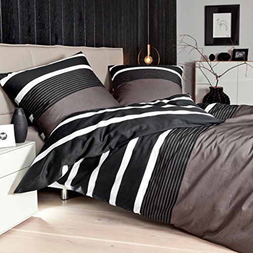 Janine Bettwäsche J.D. 8468 07 Nougat schwarz modern quer elegant Mako Satin, Größe:200 cm x 220 cm