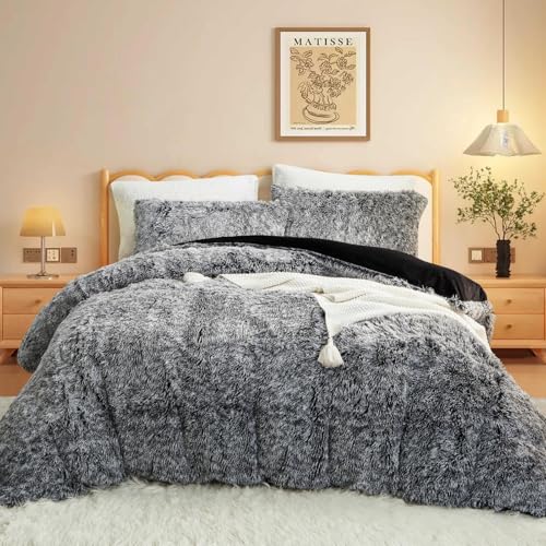 Freyamy Plüsch Bettwäsche 155x220cm Winter Schwarz Weiß Langhaar Kunstfell Flanell Winterbettwäsche Samt Biber Cashmere Touch Flauschig Bettbezug mit Reißverschluss und 1 Kissenbezug 80x80cm