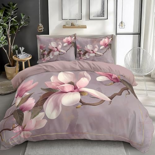 Warme Blumen Bettwäsche 220x240 3teilig Bettbezug 220 x 240 cm Flieder Bettbezüge Set Weich Atmungsaktiv 3D Wendebettwäsche mit 2 Kissenbezügen M/5843