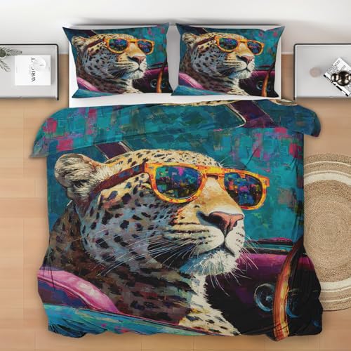 Generisch Bettwäsche 3 Teilig 140x200 Leopard, Abstrakte Tiere Wendebettwäsche, Lustige Tier Bettbezug Microfaser mit 1 Kissenbezug und Reißverschluss S131z