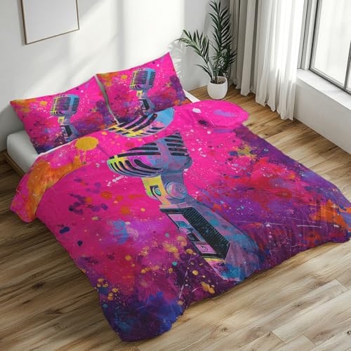 Generisch Bettwäsche Mikrofon 200x220, Pink Graffiti Musik Bettbezug, 1 Wendebettwäsche + 2 Kissenbezug 80x80 Weich Mikrofaser, Schlafzimmer Deko & Geschenk BhT15