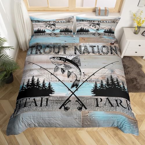 Homewish Pike Fish Fishing Bettbezug,Rustikales Bauernhaus Bettwäsche Set 135x200 Holzkabinendekoration Tröster Abdeckung für Alle Altersgruppen und Geschlechter Glückliches Camping Bett Set