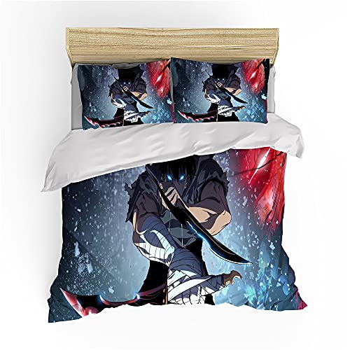 NICHIYOBI Solo Leveling Bettbezug Bettwäsche Set - Bettbezug und Kissenbezug,Mikrofaser,3D Digital Print dreiteiliger Bettwäsche (2,135x200cm+ 80x80cmx2)