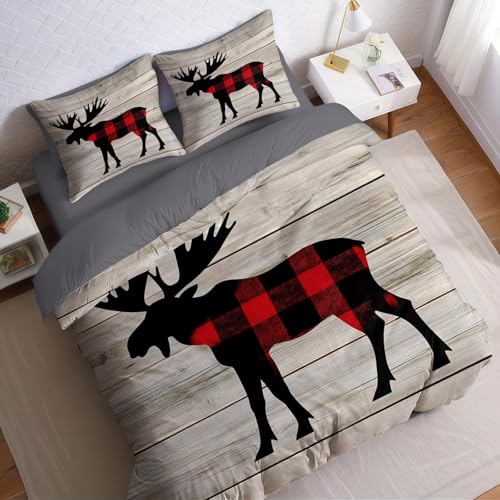 Cliparts Bettwäsche Set 200 x 200 cm Tier Elch Holzmaserung 3 teilig Polyester Baumwolle Bettbezug weich bügelfrei für Allergiker Teenager Erwachsene