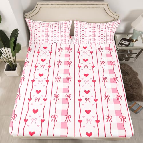 Rosa Bowknot Spannbettlaken L Größe,Dreamy Star Love Print Bettwäsche Sets,Kinder Mädchen Frau Teens Zimmer,Süße Prinzessin gestreifte Bettlaken Rosa Krawatte Schmetterling Tiefe Tasche Blatt