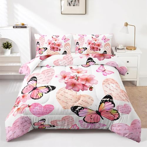 HOTRCR 3-teiliges Bettwäsche-Set mit Schmetterlings-Blumenmust er, romantisches Bettwäsche-Set für Mädchen und Erwachsene, Schlafzimmer- oder Raumdekoration, Ganzjahresdecke, Mikrofaser-Steppdecke mit