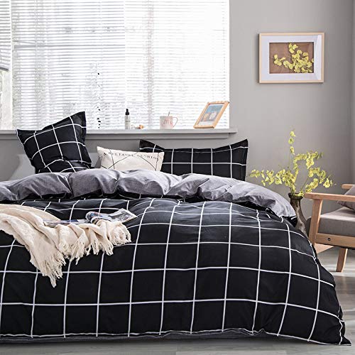 Damier Bettwäsche Schwarz 200x200cm Kariert Bettbezug Set 2 TLG Weiche Mikrofaser Schwarz Weiß Landhaus Karo Bettbezug mit Reißverschluss und 2 Kissenbezüge 80 x 80