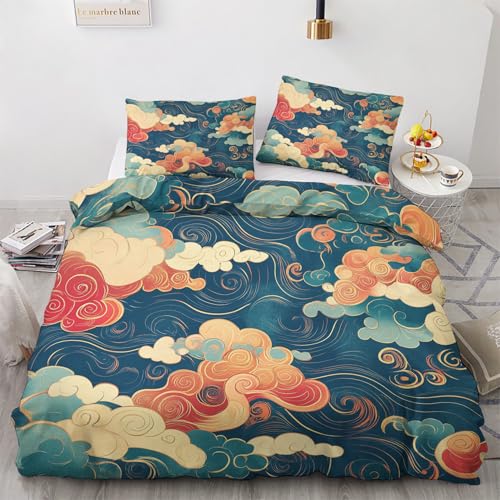Generisch Glücksbringende Wolke Bettwäsche 200x200 cm, Orientalisch Asiatisch Japanisch Bettwäsche-Sets 3 Teilig, Bettbezug + 2 Kissenbezüge 80x80cm Weich Mikrofaser mit Reißverschluss M&-65