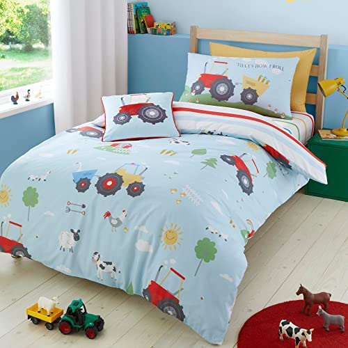 Bedlam - Bauernhof-Bettwäsche-Set s – Einzelbettgröße (200 x 140 cm) – Bauernhoftiere & BAU-Traktor-Bettwäsche – wendbares Design – Farmyard Friends Kollektion, Blau