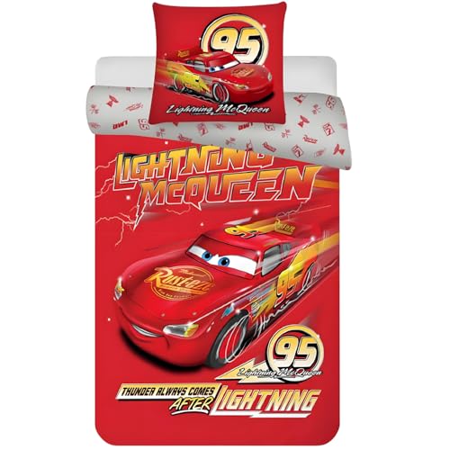 Disney Cars McQueen Bettwäsche-Set | Einzelbettbezug 140 x 200 cm mit Kissenbezug 60 x 65 cm | 100 % Baumwolle | weiche, atmungsaktive und strapazierfähige Bettwäsche für Kinder und Jugendliche