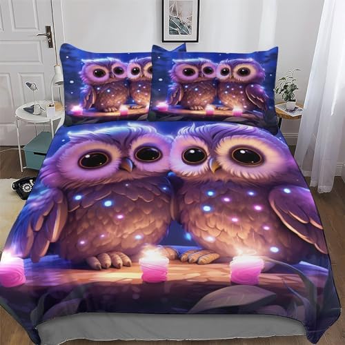 PAZZK Eule Muster Bettwäsche Set, 3D Druck Bettbezug 2teilig, Hypoallergen Mikrofaser Bettbezüge Mit Kissenbezug Für Jungen Mädchen Deckenbezug, Single (135x200cm)