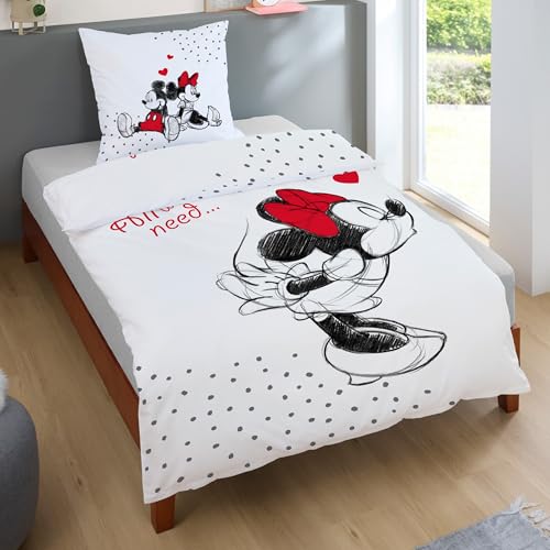 Disney Mickey & Minnie Partnerbettwäsche Set 4-teilig 135x200 cm 80x80 cm - Wendebettwäsche aus 100% Baumwolle mit Reißverschluss - Bettwäsche doppel romantisch Maschinenwäsche, Öko-Tex