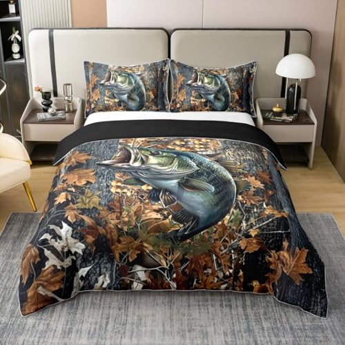 Loussiesd Fische Baumwolle Bettwäsche Set 135x200cm Camo Fische Jagd Betten Meeresleben Meer Bettbezug Set Tarnung Fische Grün Orange Betten 2Stück Mit 1 Kussenbezug Kein Tröster