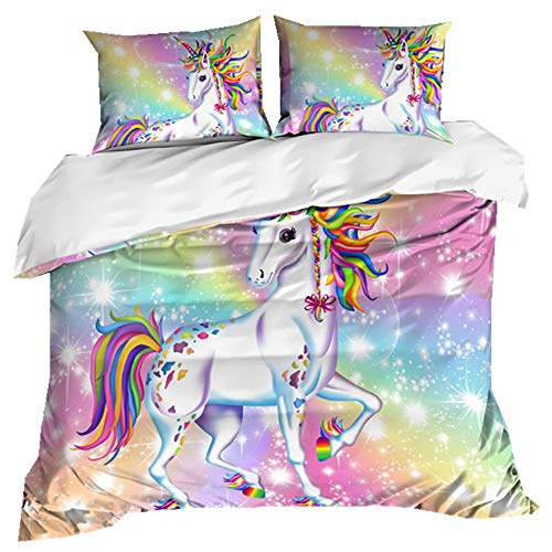 Einhorn Bettwäsche Set Kind Einzelbett 135x200 3D Träumen Regenbogen Einhorn Weißes Pferd Karikatur Muster Bettbezug und Kissenbezug 2 Stück Weich und atmungsaktiv Junge Mädchen Student Jugend