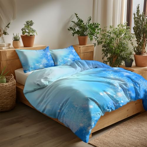 Hellblau Bettwäsche Set 155 x 220 cm Fantasie-Winterlandschaft Mit Schneeflocken, Wende Motiv, Microfaser, mit Reißverschluss, Bettbezug, für Allergiker geeignet