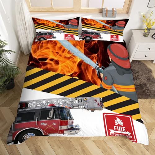 Feuerwehr Thema Bettwäsche 155x220 cm Weich Mikrofaser Flammen Bettwäsche-Set mit Reißverschluss 3 Teilig Bettbezug Set mit Kissenbezug 80x80 cm