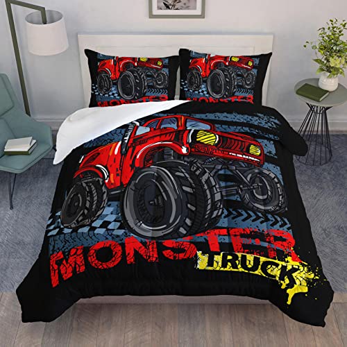 QOOMO Monster-Truck-Bettwäsche -Set für Kinder, Teenager, Jungen, Auto-Kinder-Schmusetuch mit 2 Kissenbezügen, Mikrofaser, 3-teiliges Bettwäsche-Set, weich und leicht (schwarz, Queen-Size)