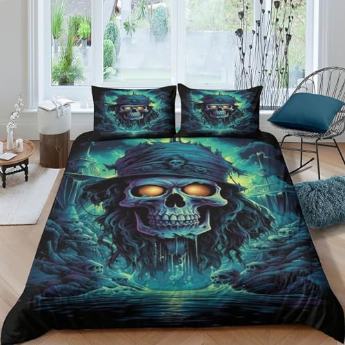 AAHARYA Skelett-Pirat Bettbezug, 3-teilige Totenkopf Bettwäsche-Set, Weich, Bequem,100% Polyester,Geschenke, Für Kinder Erwachsener King?220x240cm?