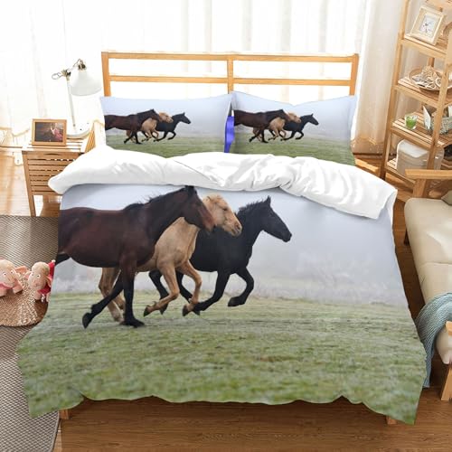 MYAUEYSU Bettwäsche Set 100% Baumwolle ist,Pferde, wenige Rennpferde auf dem Gras im nebligen Force Day,und allem auch für Personen mit Hautsensibilisierung empfohlen 152x203cm