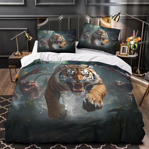 Wild Tiger Attack 3D-Druck Bettdeckenbezug, 3-teilig, Mikrofaser, schmutzabweisend, Bettbezug, 2 Kissenbezüge, Reißverschluss, Bettwäsche, Erwachsene, Familien, Super-King-Size-Bett (260 x 220 cm)