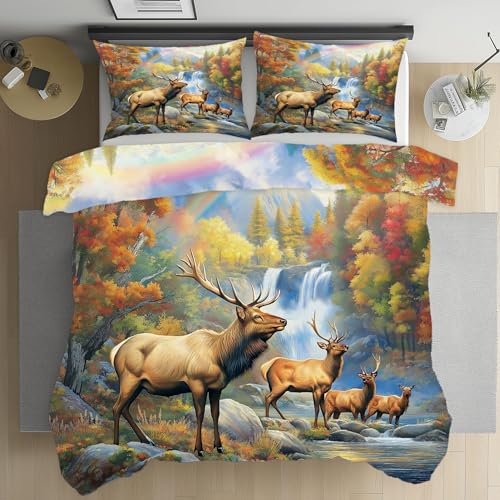 Kioldoq Sikahirsch Tier Bettwäsche Mit Reißverschluss, Elch Wasserfall Bettbezüge 155 x 220 cm, Natur Landschaft Wendebettwäsche Microfaser 3 Teiliges, Bettwäsche Bügelfrei Und Kissenbezug 80x80 cm