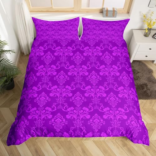 Homemissing Lila Damask Pattern Bettwäsche 135x200cm Violet Baroque Bettwäsche Reißverschluss Retro Elegant Baroque Bettbezug Boho Style 1 Kissenbezug Modern