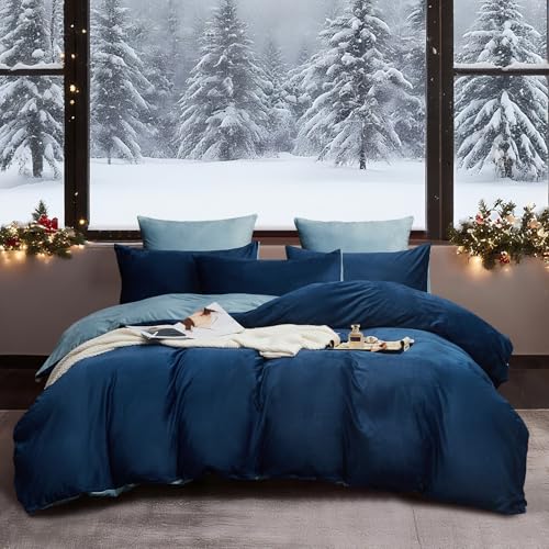 YASMENG Winter Bettwäsche 135x200 Dunkelblau Hellblau Warm Kuschelig Flauschige Bettwäsche Winter Weich Samt Plüsch Fleece Flanell Wendebettwäsche 2 Teilig mit Reißverschluss und 80x80 cm Kissenbezug