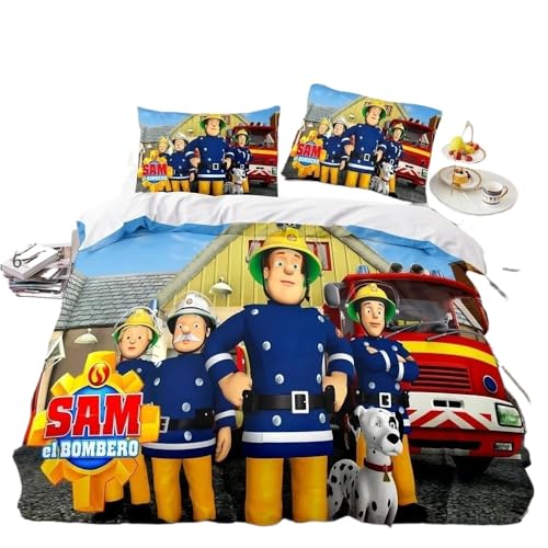 GOUVKEY Cartoon-bedrucktes Feuerwehrmann-Bettwäsche set „Feuerwehrmann Sam“ HD-Bettbezug Bettwäsche für Kinder Bettwäsche-Sets Schlafzimmerdekoration (90x200cm+75x50cmx1,3)