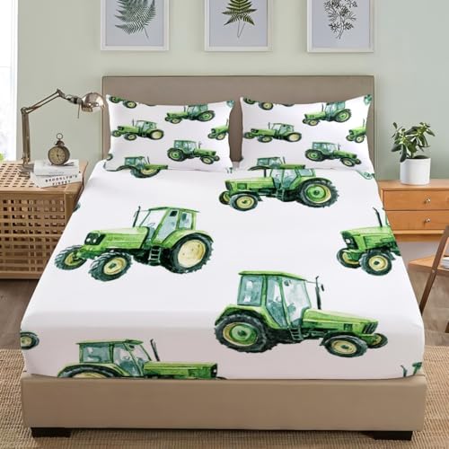 Weich Mikrofaser Spannbettlaken 140x200cm Cartoon-Traktor Atmungsaktive Spannbetttuch und 2 Kissenbezüge Tiefe Tasche 30cm Weiß Hypoallergen Bettwäsche-Sets für Kinder