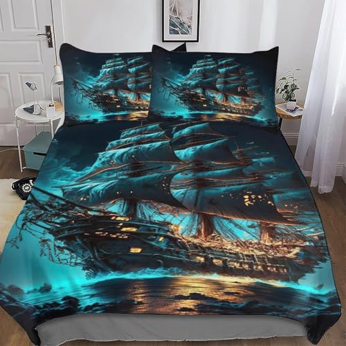 DCCCY Pirate Ship,Boot Bettbezüge Mikrofaser Angenehme Bettwäsche 2 teilig - Weich Bettbezüge Bettdeckenbezug Set Mit Kissenbezüge Single(135x200cm)