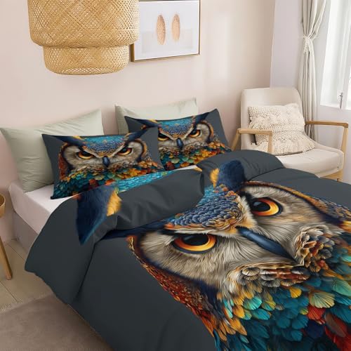 Generisch Wendebettwäsche Set Muster Tier Eule 135 x 200 cm, Weiche Atmungsaktive Bettwäsche mit Reißverschluss Digitale Kunst für Sommer Winter Jungen und Mädchen Schlafzimmer Bettbezug