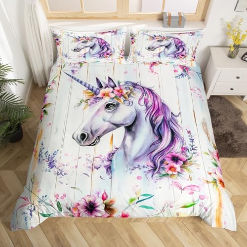 Homewish Einhorn Bettwäsche 135x200 Kinder Mädchen, Lila Tiere Bettbezug Niedlich für Mädchen Jungen, Lila Ästhetische Blumen Bett Set, mit 1 Kissenbezug Holzbrett Dekor, Weiche Mikrofaser