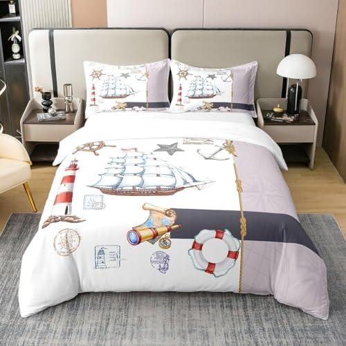 Segelabenteuer Bettwäsche 140x200 Segelboote Leuchttürme Bettbezug 3D Weiche Mikrofaser 3 Teilig Bettwäsche-Sets mit Reißverschluss und 2 Kissenbezüge 80x80 cm I.447