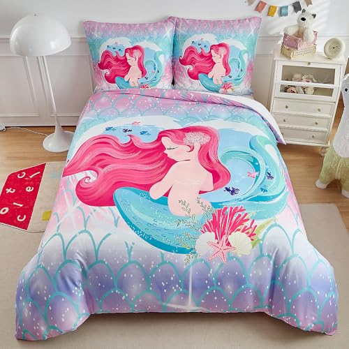 WUMIUER Kinder Bettwäsche 135x200 cm Set 2tlg Bunt - Cartoon Süß Meerjungfrau Fisch Seestern Muschel Design - Weich Bettbezug 135x200cm und 1 Kissenbezug 80x80cm für Mädchen Damen Einzelbett