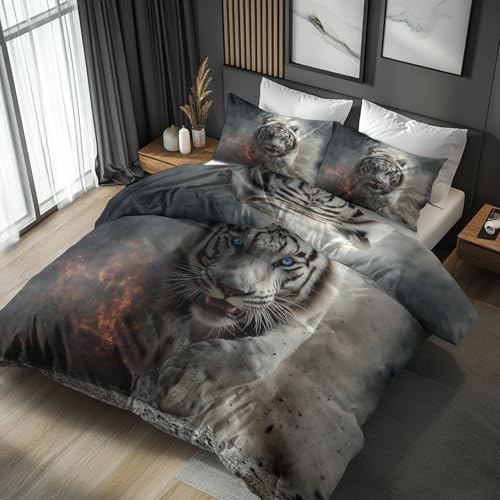 Generisch Bettwäsche 135x200 Weiß Tiger, Weiche Bügelfreie Mikrofaser Bettbezug Set 2tlg, 3D Wildtiere Muster Schlafzimmer Deko, 1 Kissenbezug 80x80, mit Reißverschluss SG37