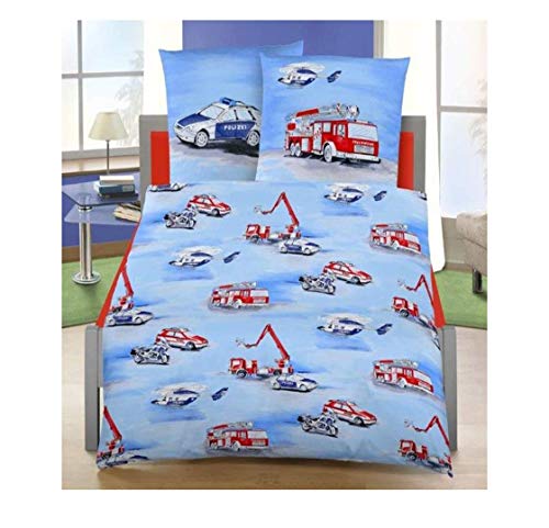 Biber Kinder Jungen Bettwäsche · Kinderbettwäsche · Polizei & Feuerwehr Fahrzeuge Autos - Kissenbezug 80x80 + Bettbezug 135x200 cm - 100% Baumwolle
