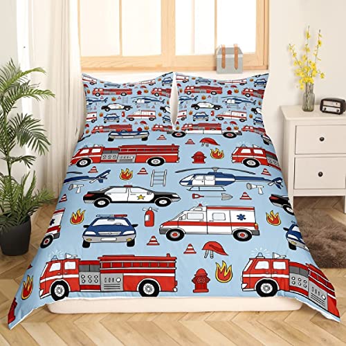 3D Cartoon-Auto Bettwäsche 135x200, Krankenwagen Feuerwehr Weiche Microfaser Reisverschluss Bettwäsche-Sets Rot Bettbezug mit 2 Kissenbezug 80x80 cm